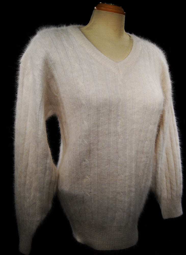 Woman's white angora rib-knit V-neck sweater by Christine Phillipe in small size