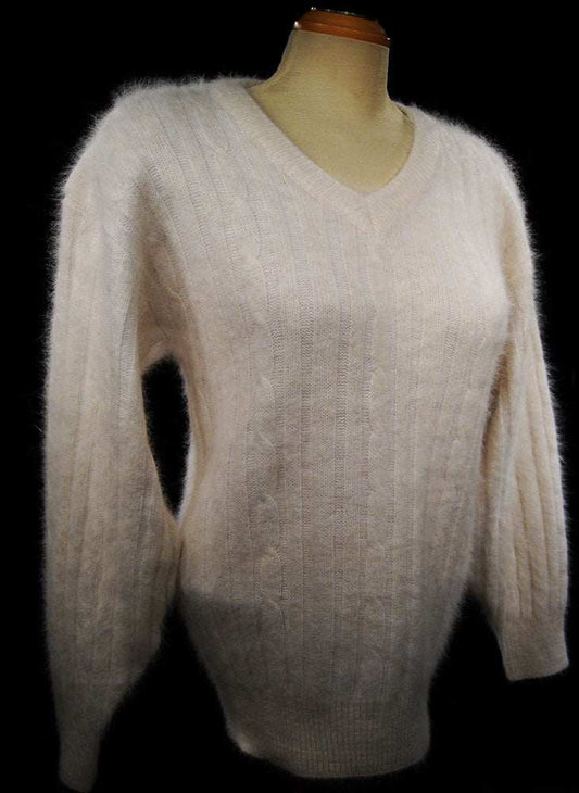 Woman's white angora rib-knit V-neck sweater by Christine Phillipe in small size