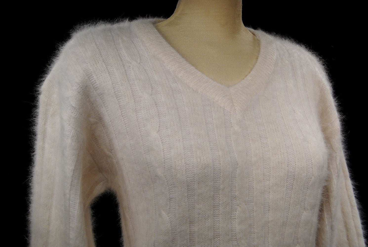 Woman's white angora rib-knit V-neck sweater by Christine Phillipe in small size