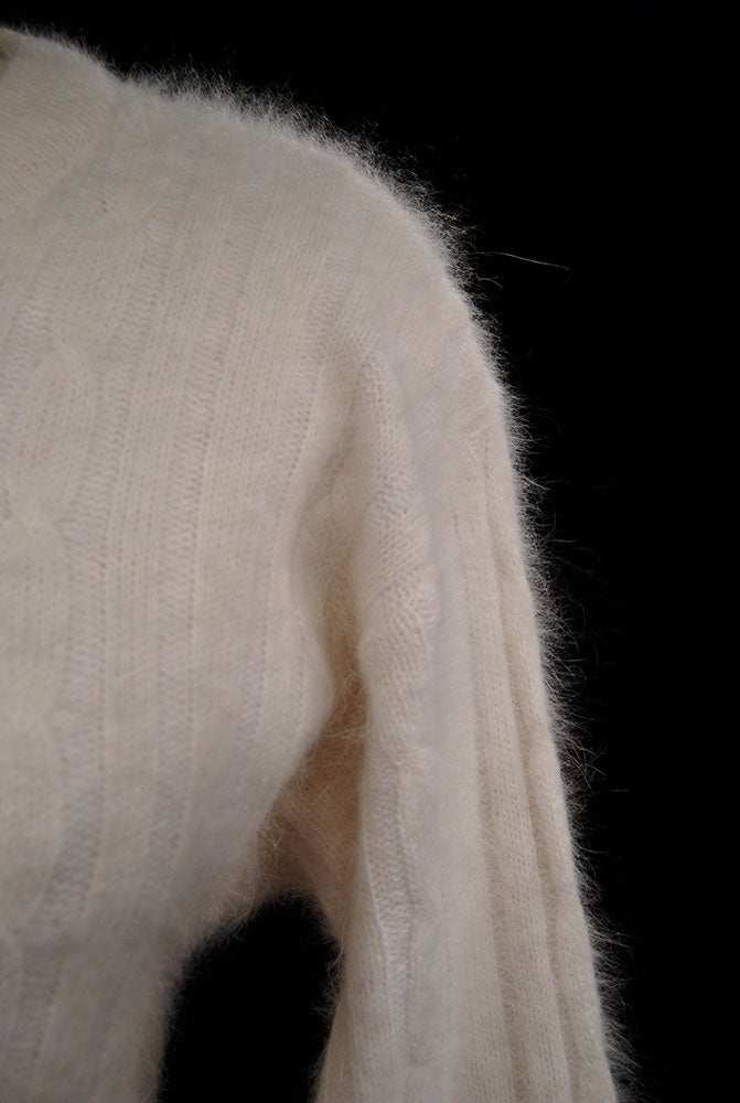 Woman's white angora rib-knit V-neck sweater by Christine Phillipe in size small