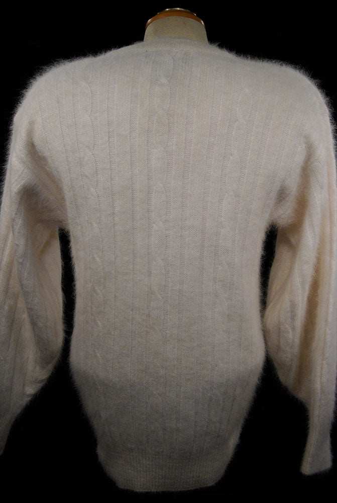 Woman's white angora rib-knit V-neck sweater by Christine Phillipe, size small, back view