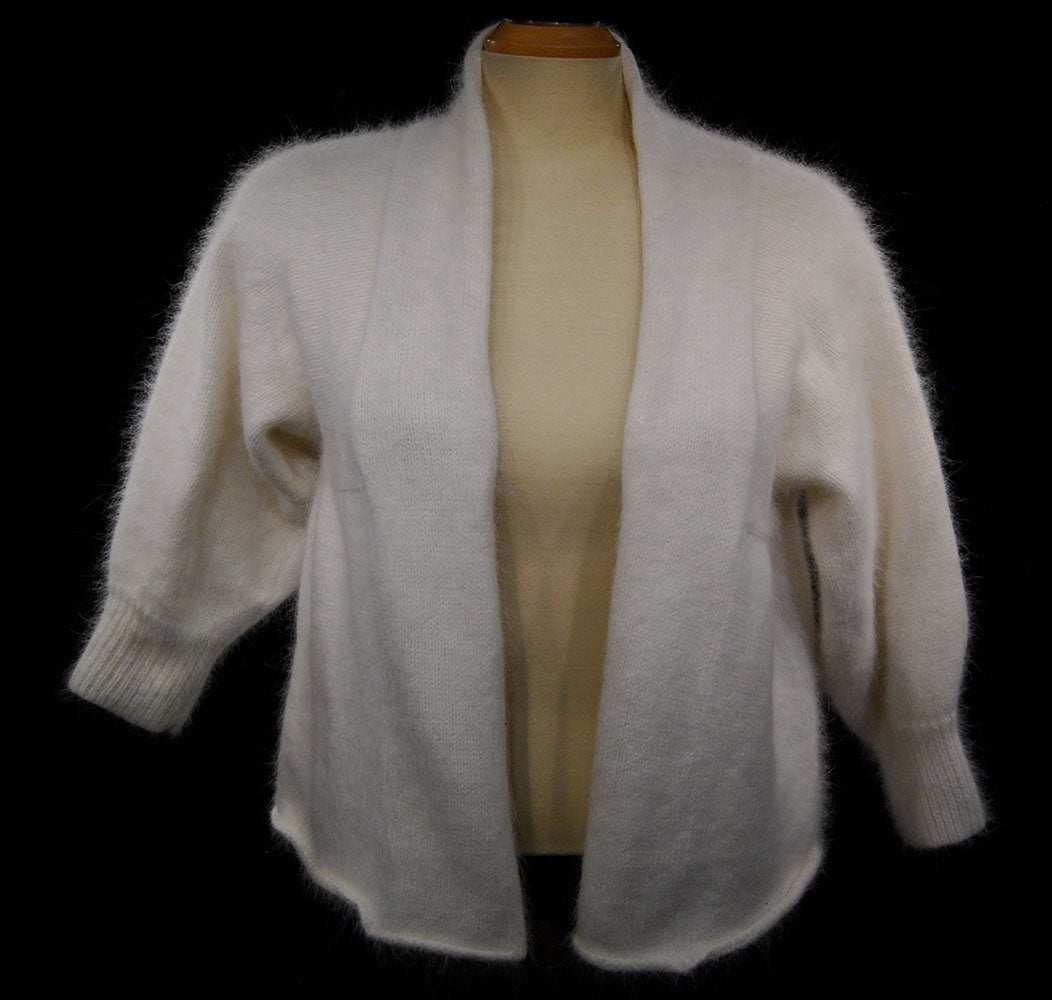Woman's white angora open-front shrug cardigan sweater by Moda International in small size