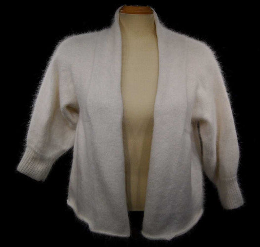 Woman's white angora open-front shrug cardigan sweater by Moda International in small size
