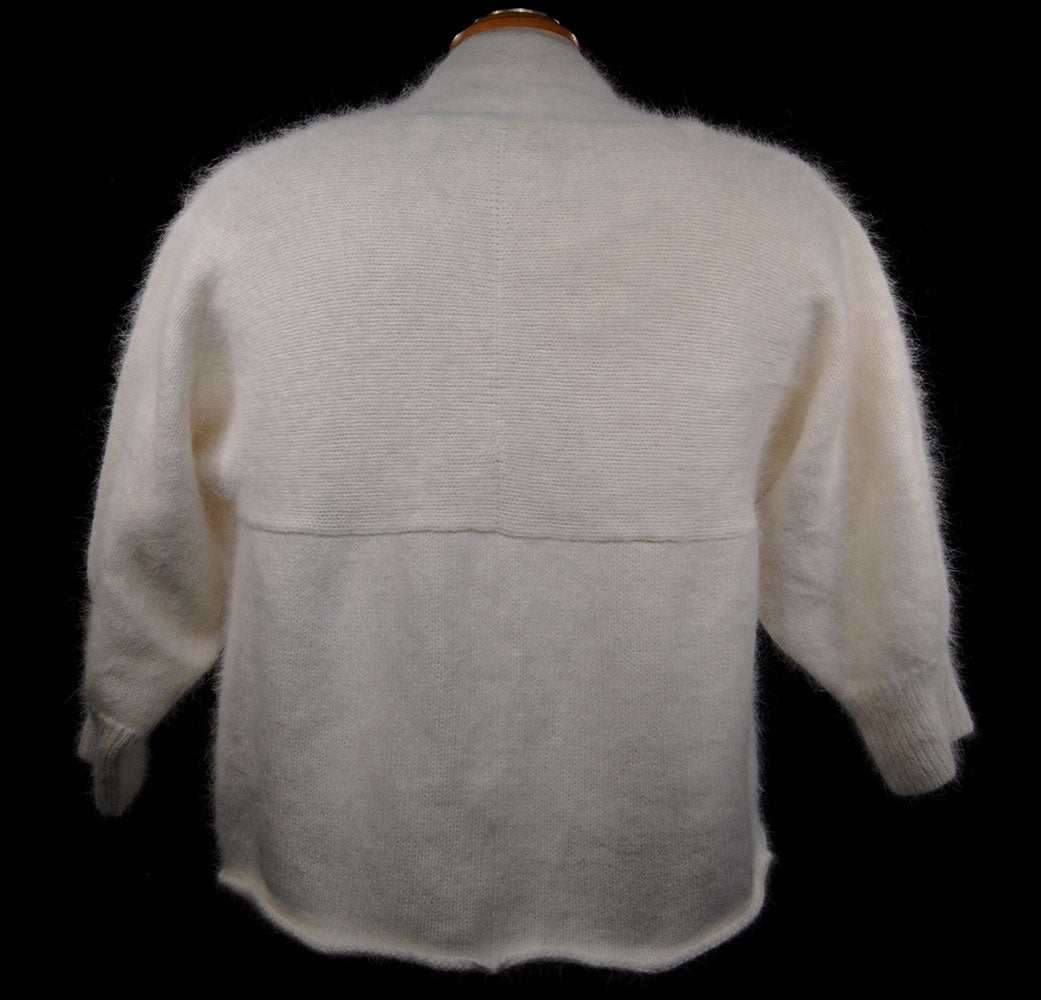 Woman's white angora shrug cardigan sweater back view by Moda International in small size