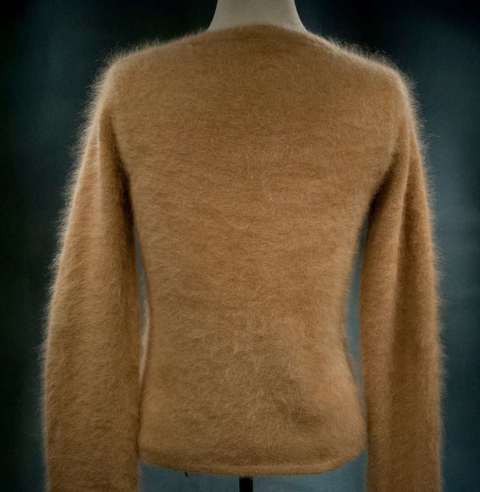 Beige woman's angora cardigan sweater by J.Crew in small size shown from back