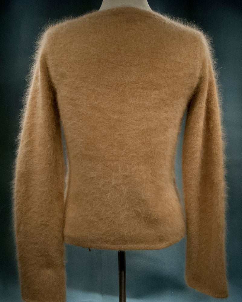 Beige small woman's angora cardigan sweater by J.Crew shown from the back