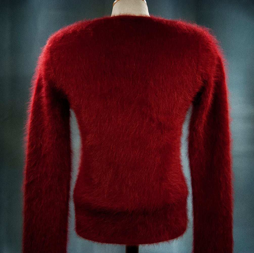 Red angora woman's cardigan sweater by J.Crew in small size shown from the back