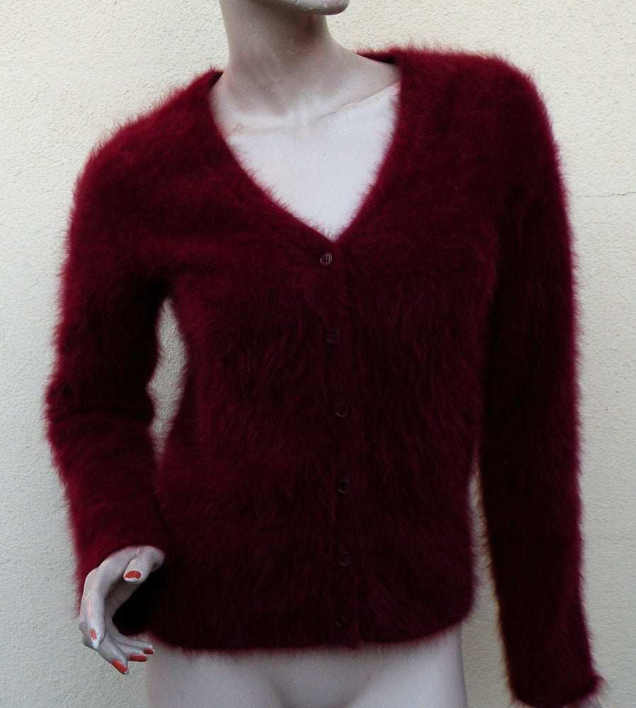 Red small woman's angora cardigan sweater by J.Crew with long sleeves and button front