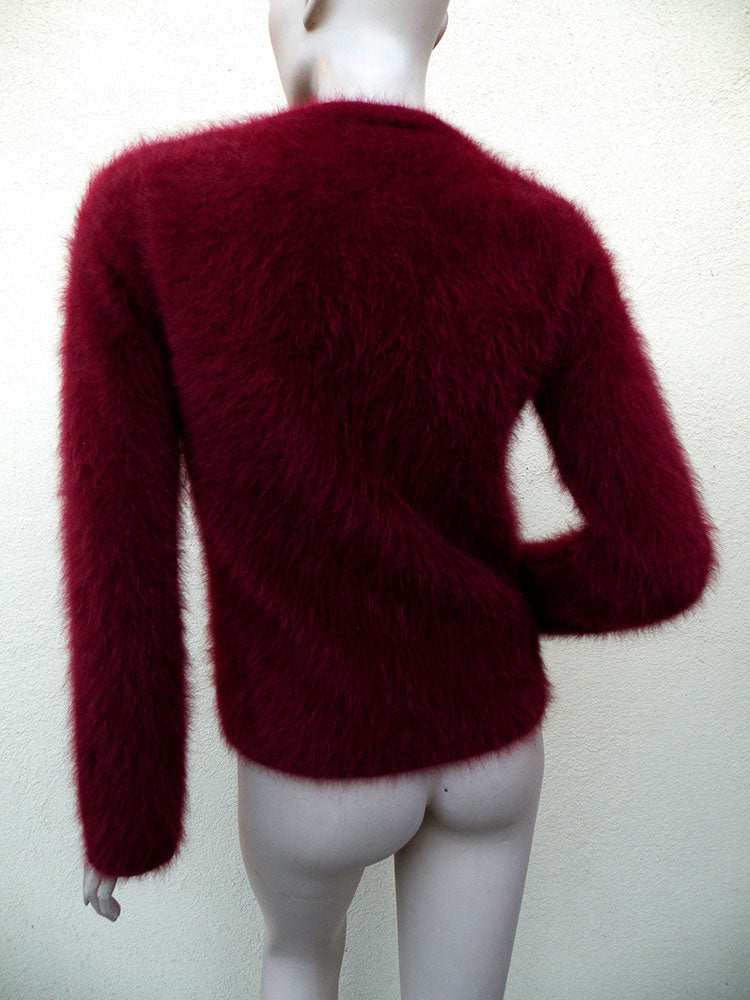Red angora cardigan sweater for women by J.Crew in small size shown from the back