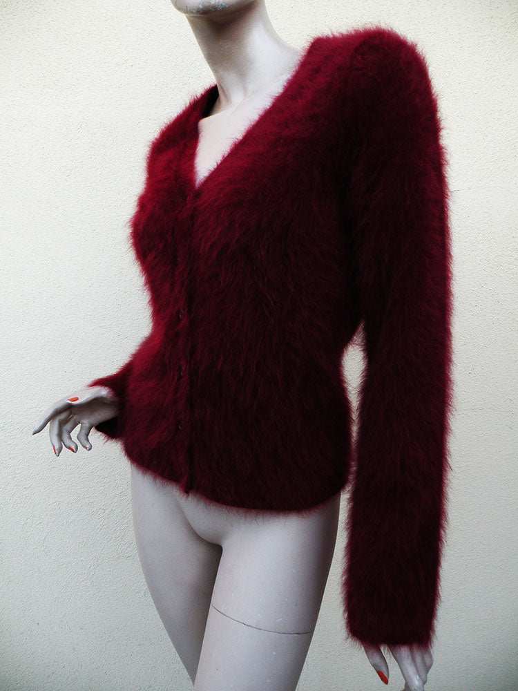 Red angora cardigan sweater for women by J.Crew, small size, soft and fuzzy texture