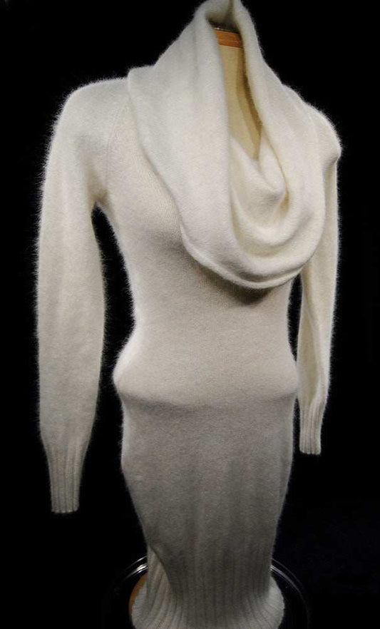 Ivory white angora sweaterdress with cowl neck and open back by Moda International in small size