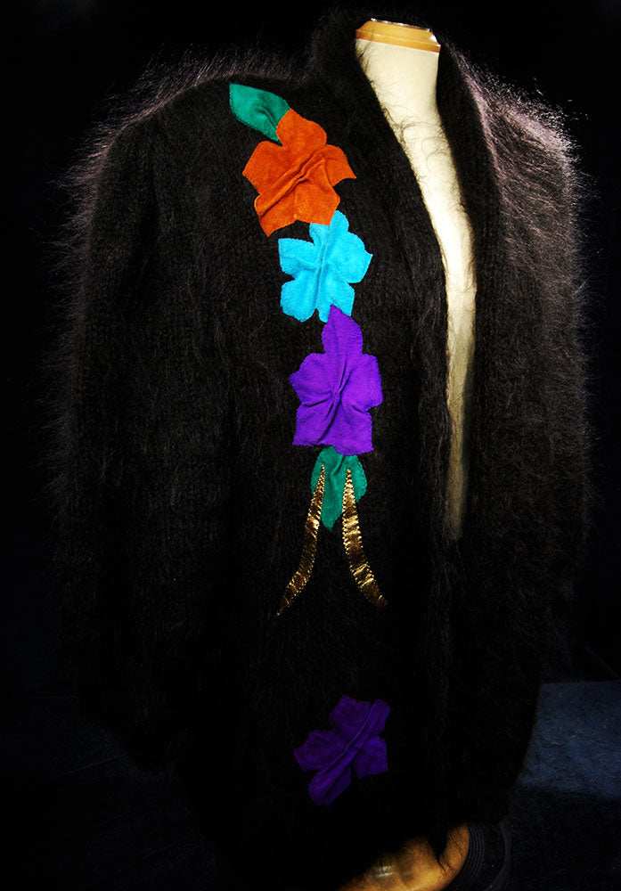 Woman's Black Angora Cardigan Sweater with Large Peacock Design on Back