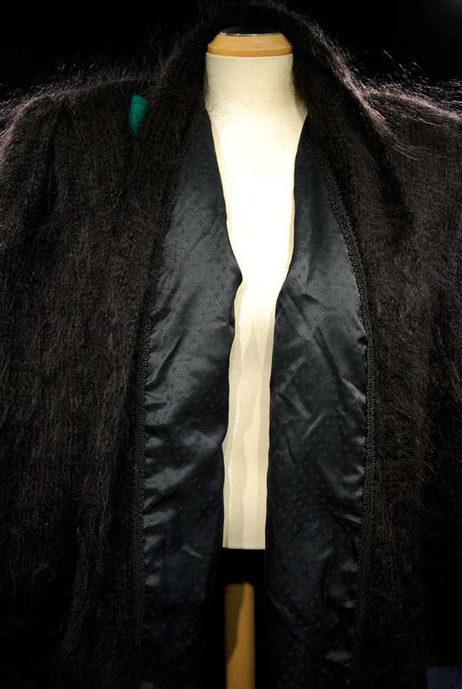 Woman's black angora cardigan sweater with nylon lining and colorful peacock design on back, plus size large to 2XL