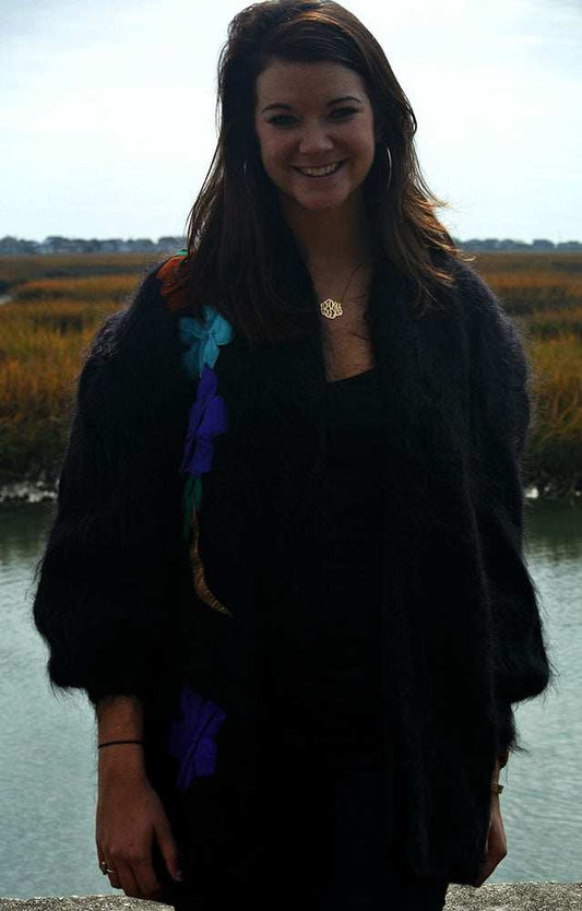 Woman's black angora cardigan sweater with colorful large peacock design on back, nylon lined, plus size 2X