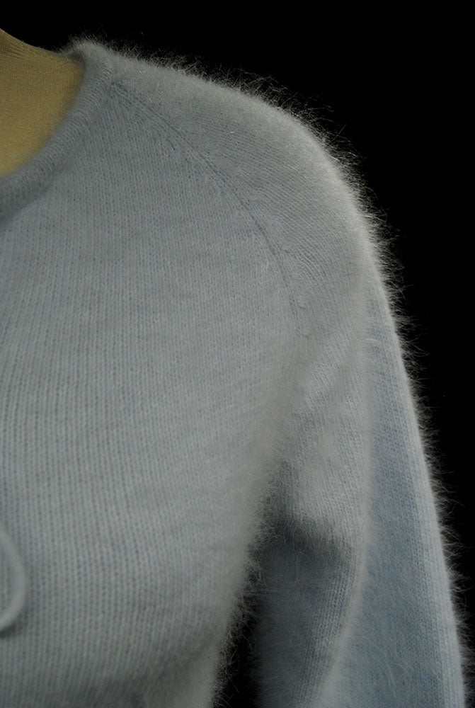 Powder blue soft fuzzy angora tie-neck sweater with blue and grey horizontal stripes for women