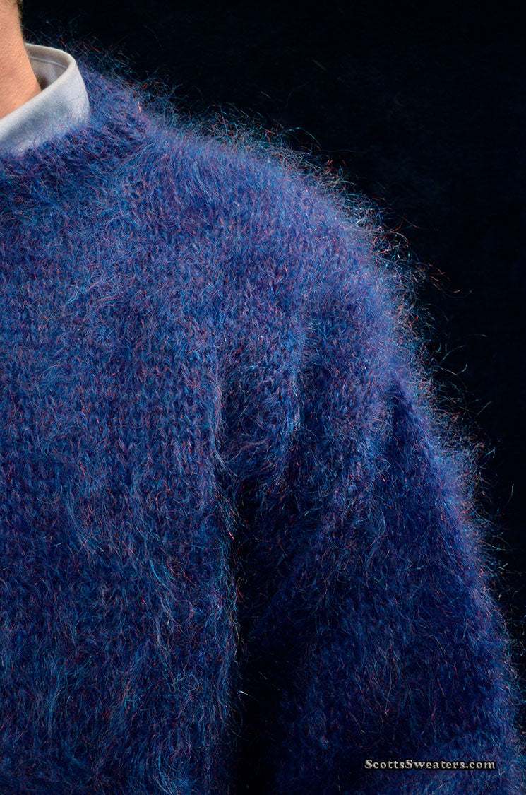 Men's navy-blue crewneck sweater made from fine Scottish mohair by Lairds of Scotland