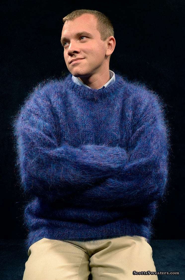 Men's navy-blue crewneck sweater made from fine Scottish mohair by Lairds of Scotland