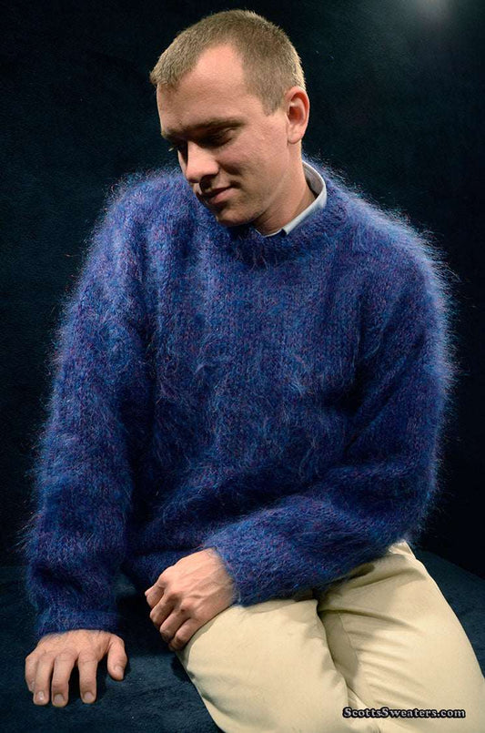 Men's navy-blue Scottish mohair crewneck sweater by Lairds of Scotland, medium size