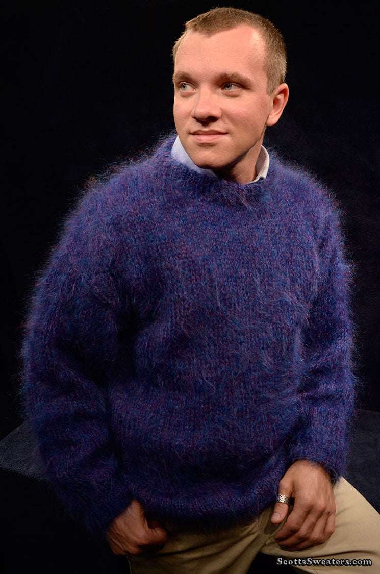 Men's navy-blue luxurious crewneck sweater knit from fine Scottish mohair by Lairds of Scotland