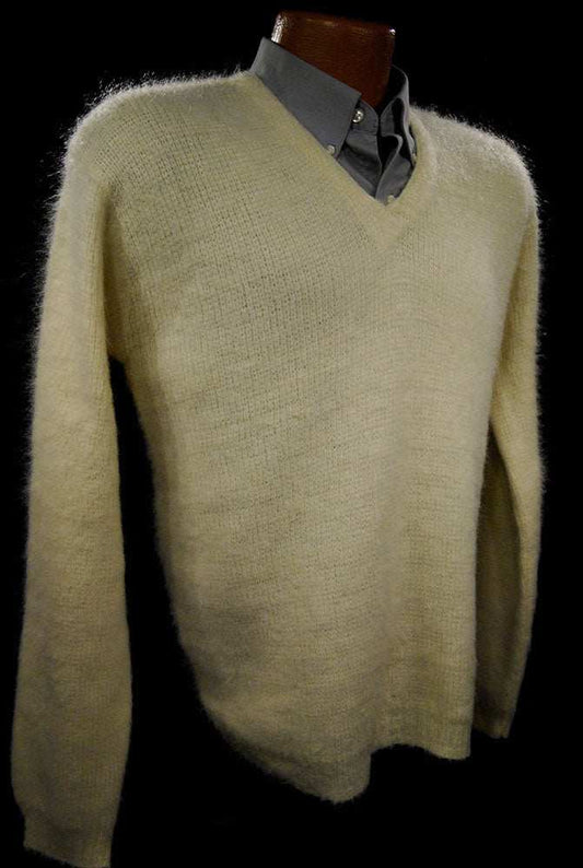 Cream retro classic V-neck mohair sweater by Young Breed in size Small/Medium