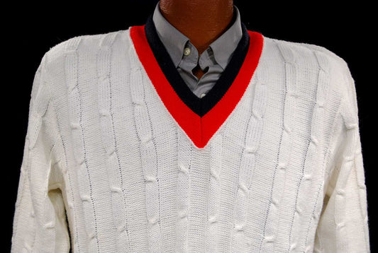 Classic V-neck cable-knit tennis sweater in medium size by Fargo