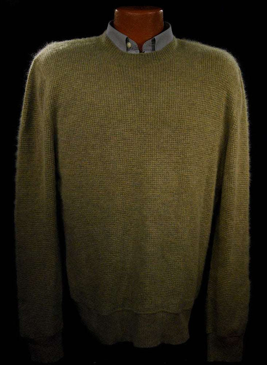 Heather-sage green men's cashmere crewneck sweater by Gene Meyer, medium size 44 chest, 100% cashmere pullover