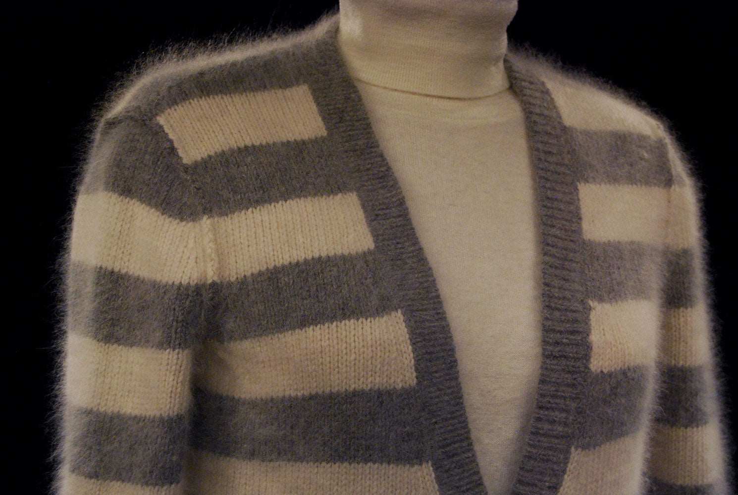 Woman's grey and white striped angora cardigan sweater with front pockets by PINK