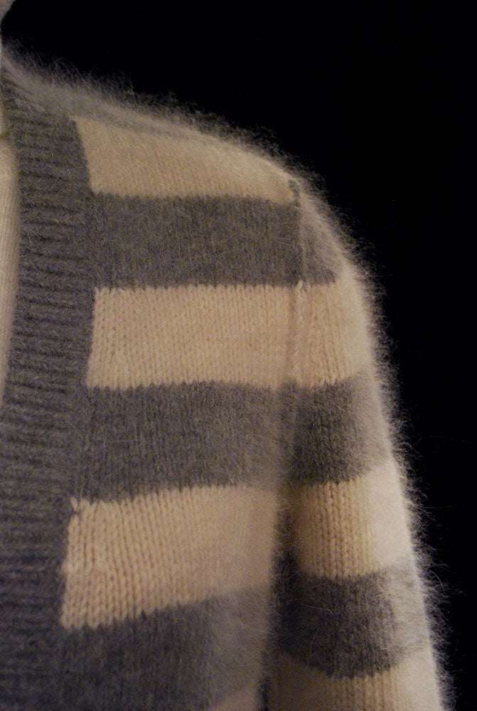 Woman's grey and white striped angora cardigan sweater by PINK with front pockets
