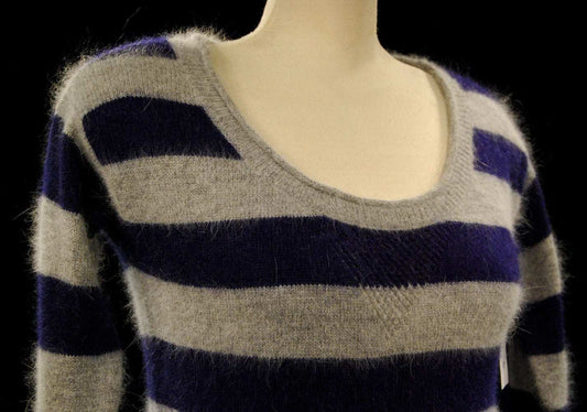 Woman's blue and grey striped angora scoop-neck sweater by Victoria's Secret in size X-Small