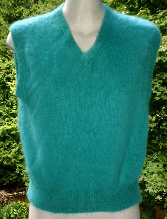 Teal-green angora sleeveless sweater vest with V-neck in a soft turquoise-aqua shade.