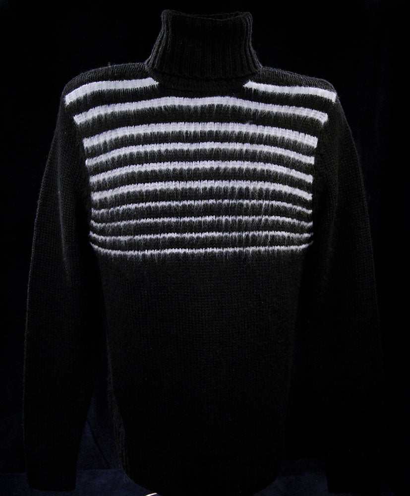 Men's soft black turtleneck lambswool and angora sweater with white horizontal stripes