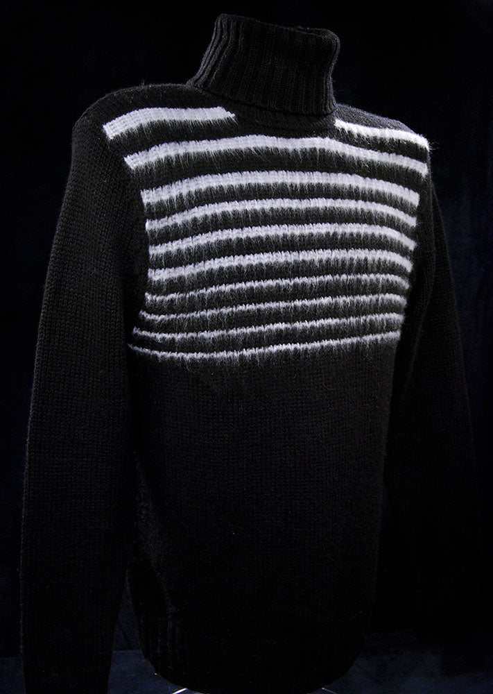 Men's soft black turtleneck sweater with horizontal white angora stripes made from lambswool blend
