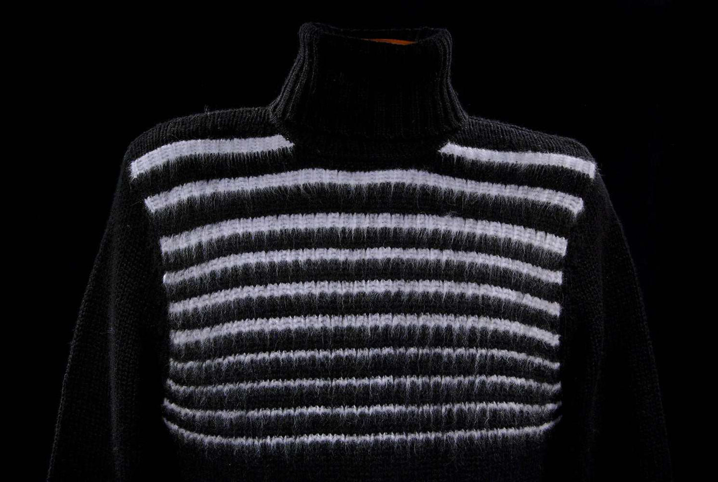 Men's soft black turtleneck sweater with narrow white horizontal angora stripes made of lambswool and angora blend