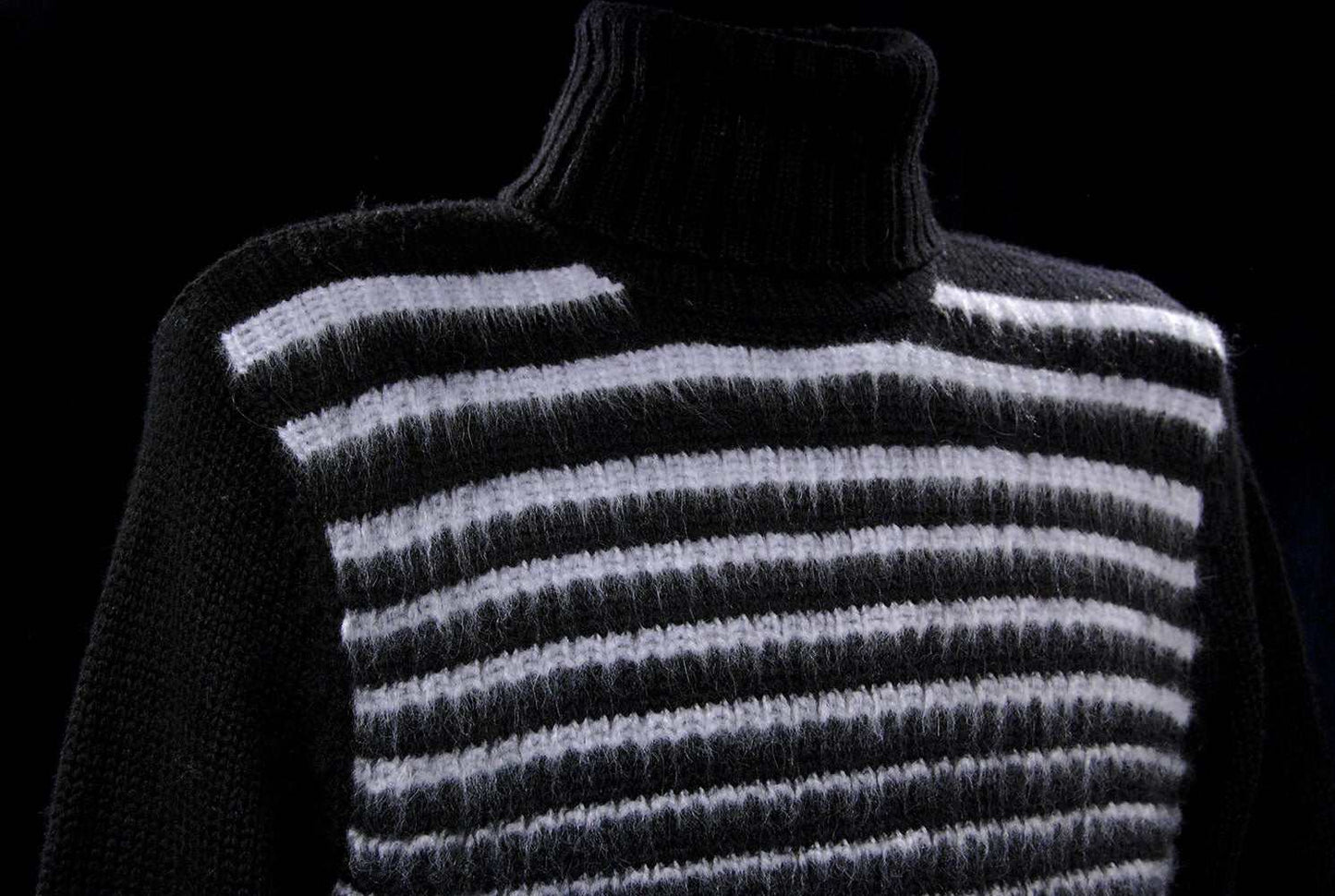 Men's soft black turtleneck sweater with white horizontal angora stripes made of lambswool blend