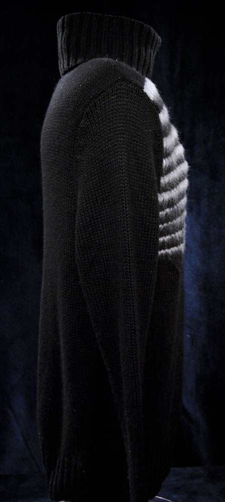 Men's soft black turtleneck lambswool and angora sweater with ribbed collar and textured design on side