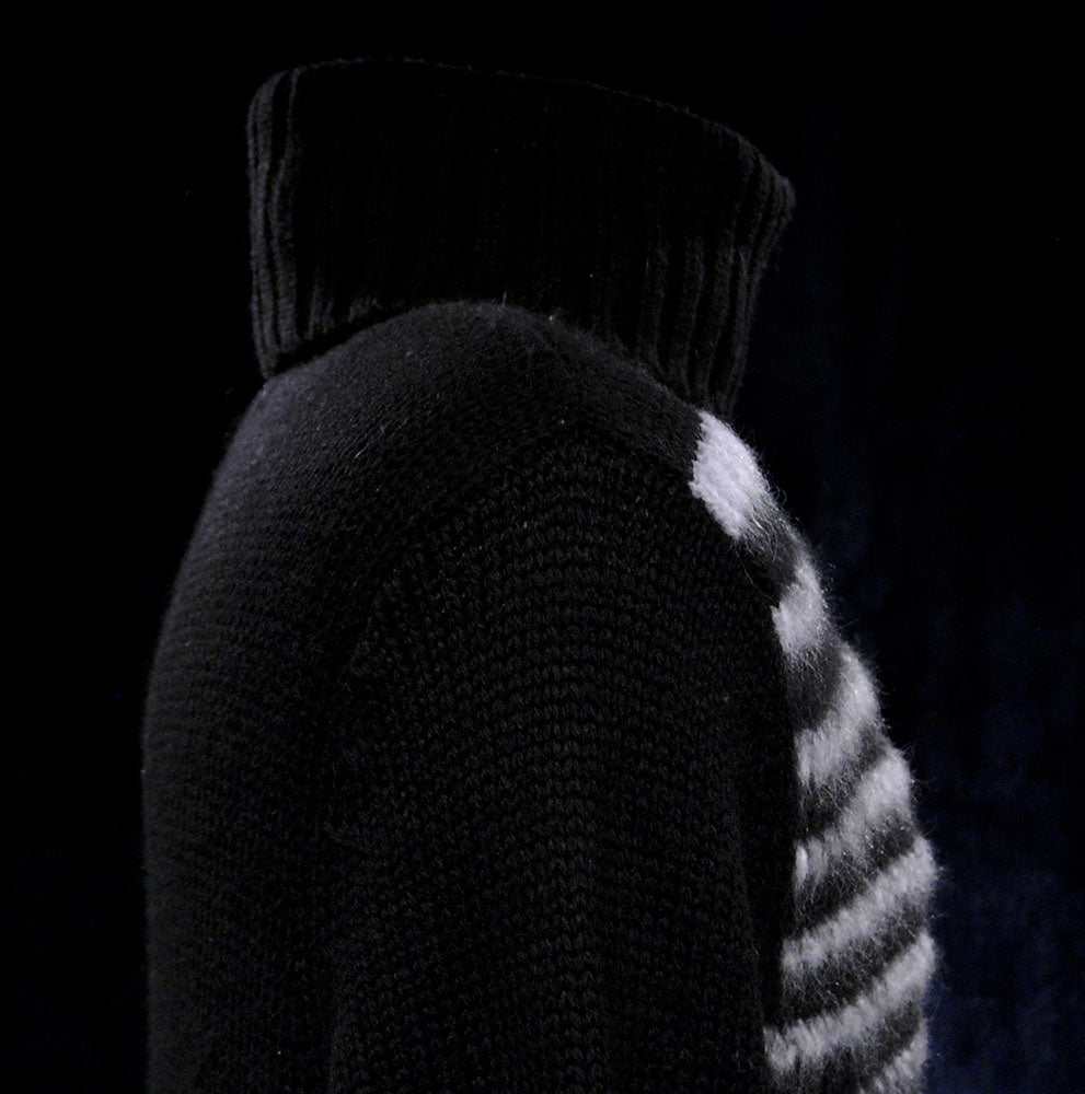Men's soft black turtleneck sweater with white angora stripes, lambswool blend, size small