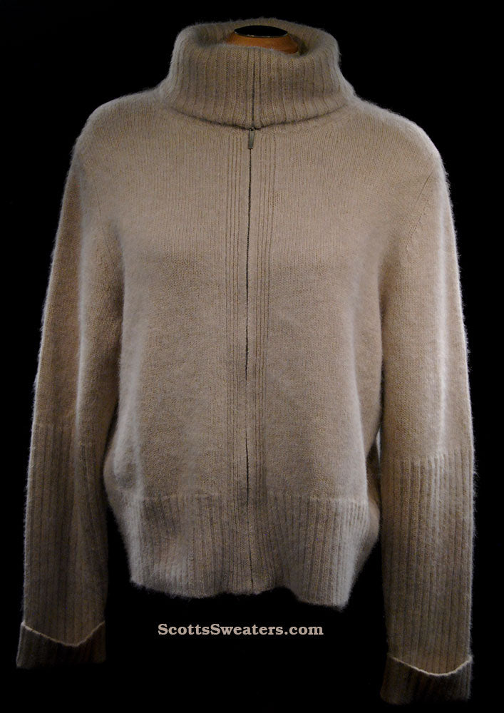 Woman's Beige Zipper-Front Angora Turtleneck Sweater