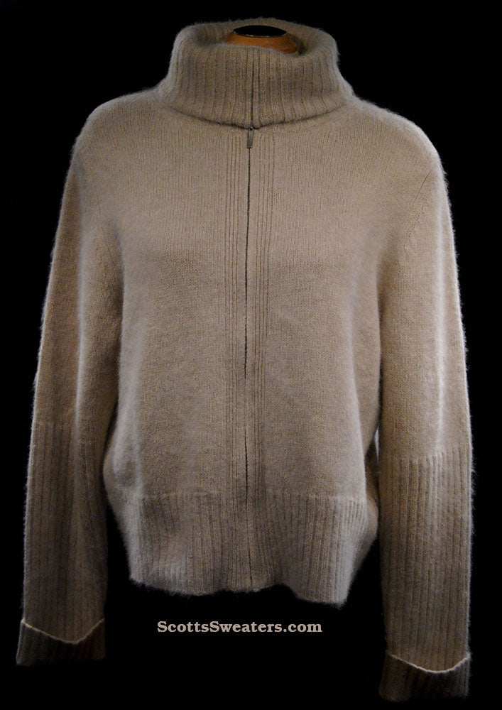 Woman's Beige Zipper-Front Angora Turtleneck Sweater