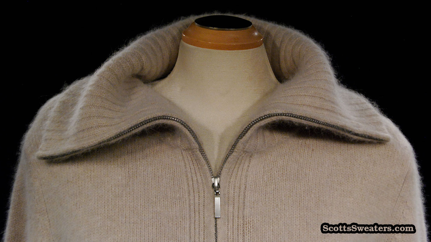 Woman's Beige Zipper-Front Angora Turtleneck Sweater