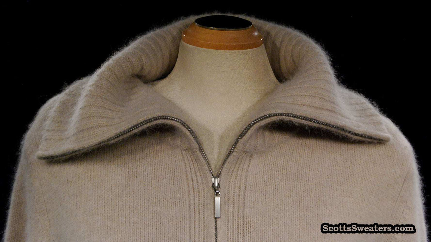 Woman's Beige Zipper-Front Angora Turtleneck Sweater