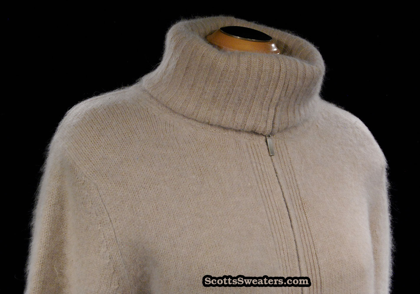 Woman's Beige Zipper-Front Angora Turtleneck Sweater