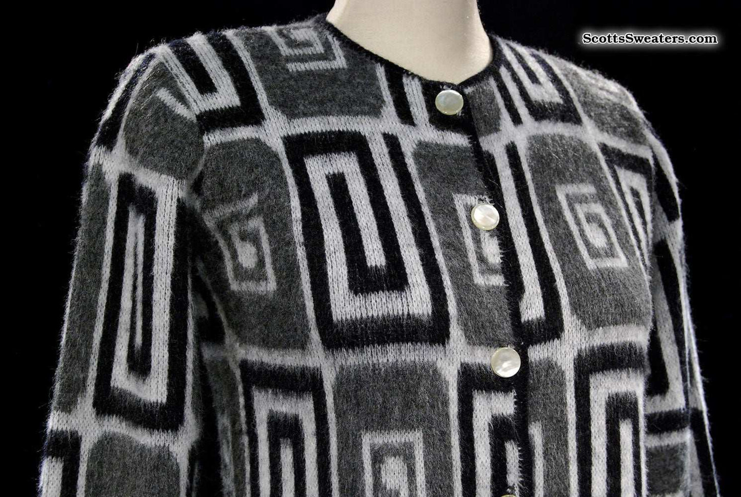 Woman's Retro Mad Men's Era black white grey faux mohair cardigan sweater with geometric swirl pattern, small size