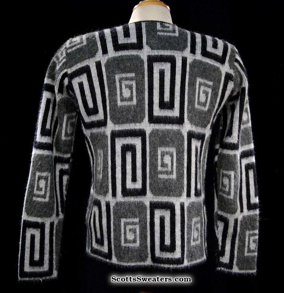 Woman's retro Mad Men's era black white and grey faux mohair psychedelic swirl pop-art cardigan sweater with geometric pattern