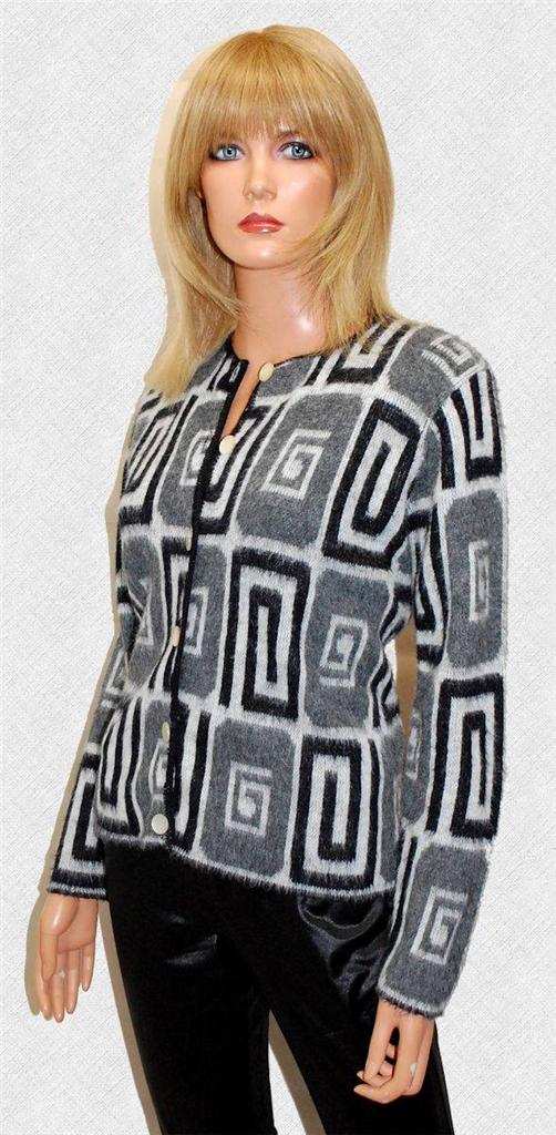 Woman's retro Mad Men's era black white grey faux mohair cardigan sweater with psychedelic swirl pop-art design