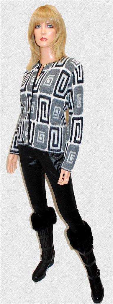 Woman's retro Mad Men's era black white grey faux mohair cardigan sweater with swirl pop-art design