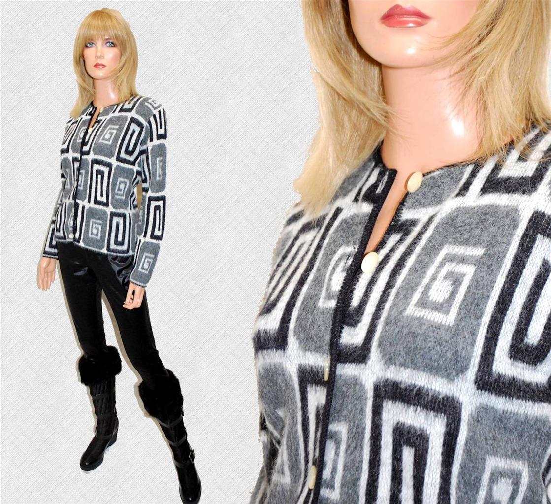 Woman's Retro Mad Men's Era faux mohair cardigan sweater with black white grey geometric swirl design