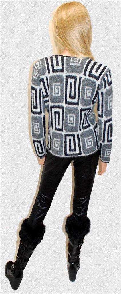 Woman's retro Mad Men's era black, white, and grey faux mohair cardigan sweater with geometric swirl pop-art design