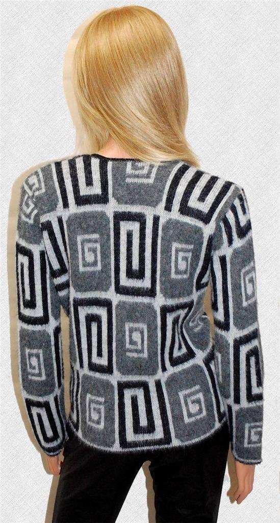 Woman's retro Mad Men's era black, white, and grey faux mohair cardigan with psychedelic swirl pop-art design