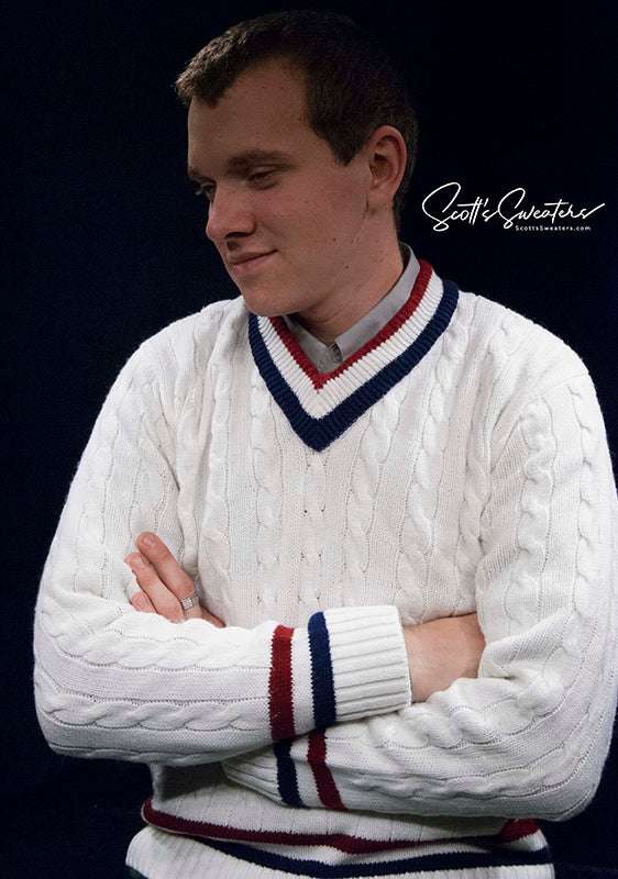 Men's retro cable-knit V-neck pullover tennis sweater in white with red and navy stripes