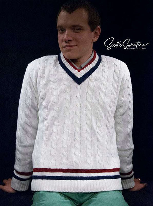 Men's retro cable-knit V-neck pullover tennis sweater in white with red and navy stripes, size small